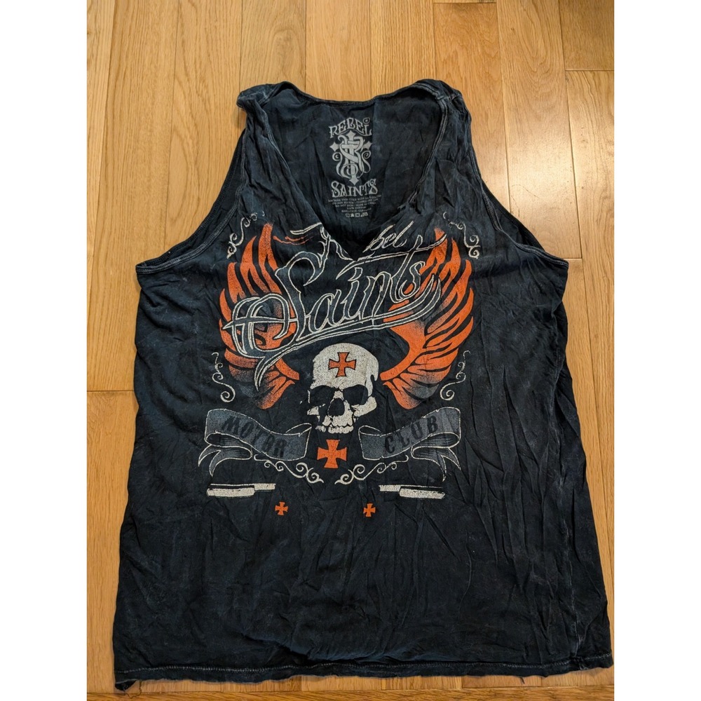 Rebel Saints Affliction Women's Black Biker Grunge Y2K‎ Cut Out Tank Top M AOP